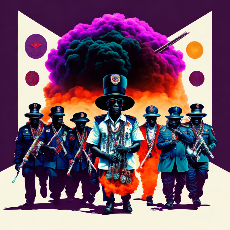 Colorful Stylized Marching Band Illustration with Smoke Plume