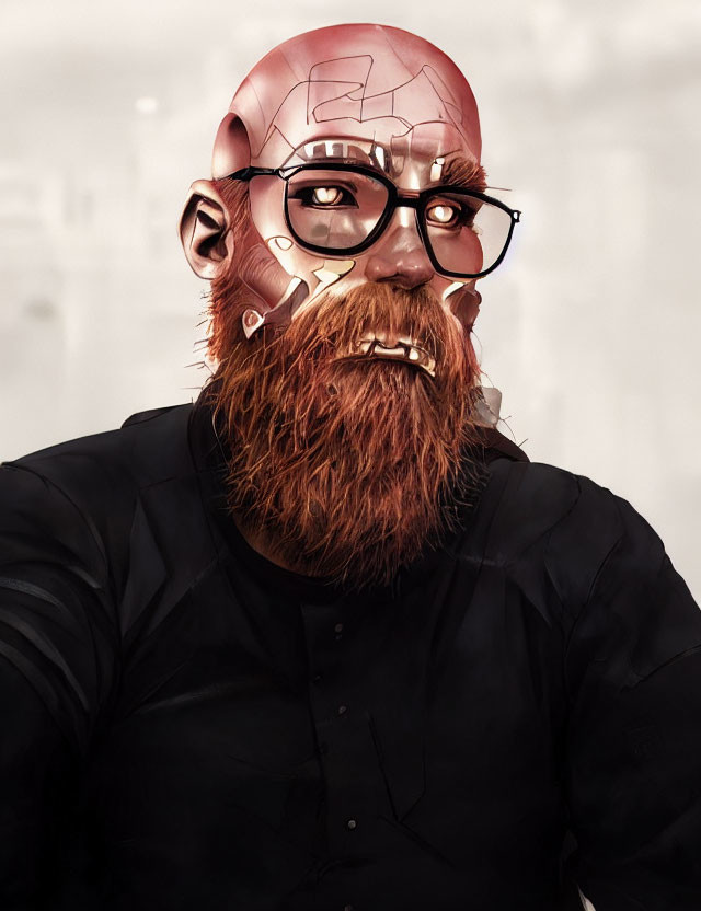 Man with Red Beard, Glasses, and Cybernetic Enhancements in Black Shirt