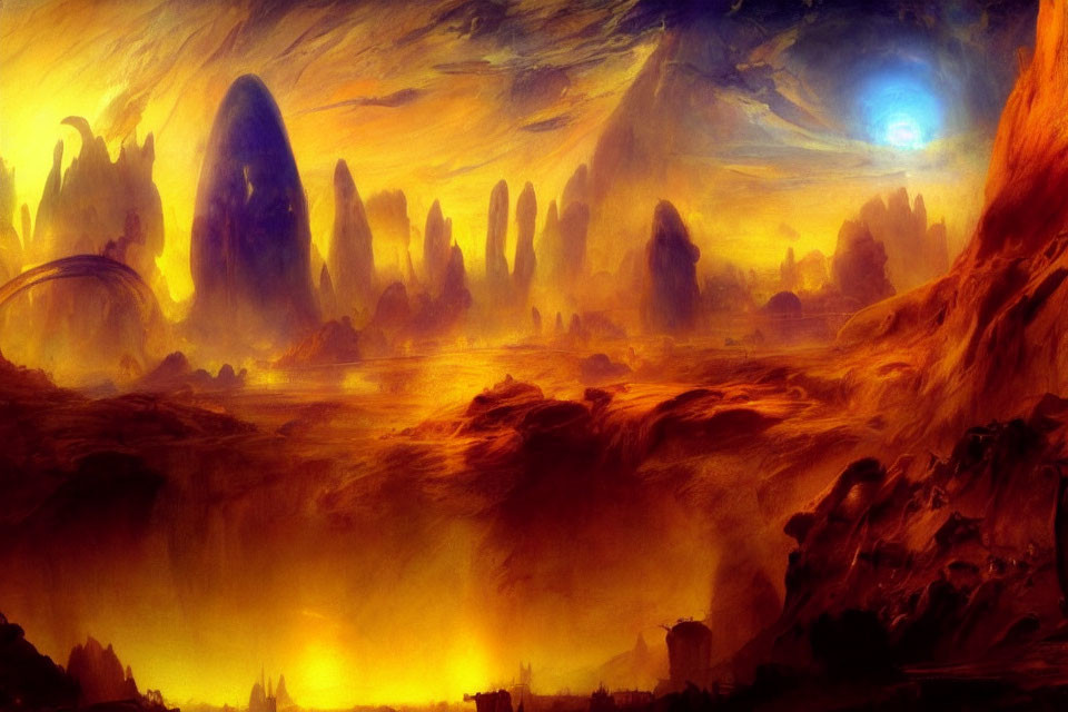 Majestic rock formations under an orange sky with a celestial object