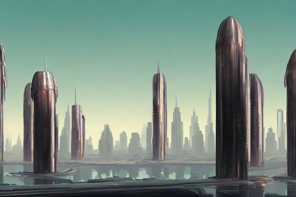 Futuristic cityscape with tall skyscrapers under hazy sky