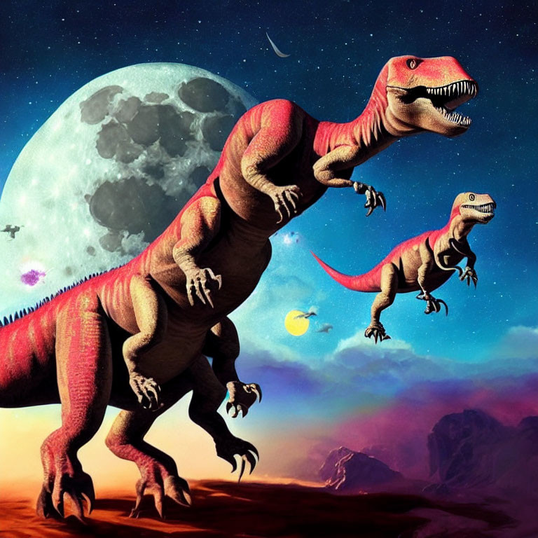 Fantasy landscape with two T-rex dinosaurs, moon, asteroids, and colorful sky