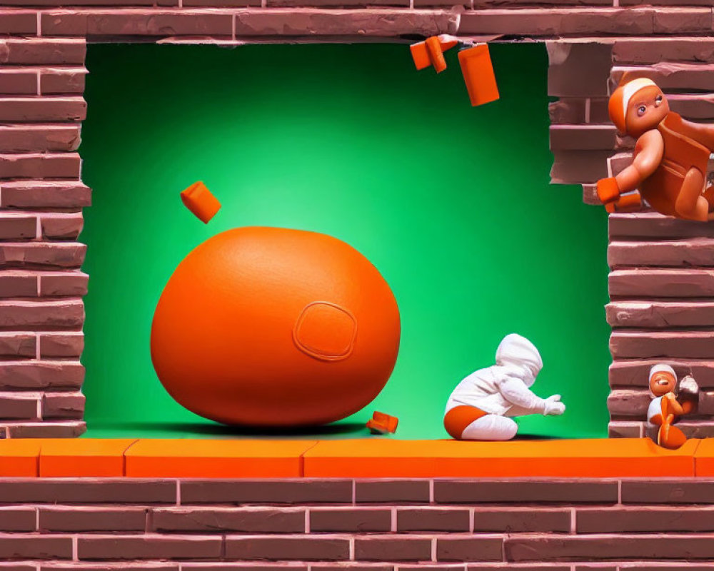 Stylized orange figures in brick-framed scene with large ball
