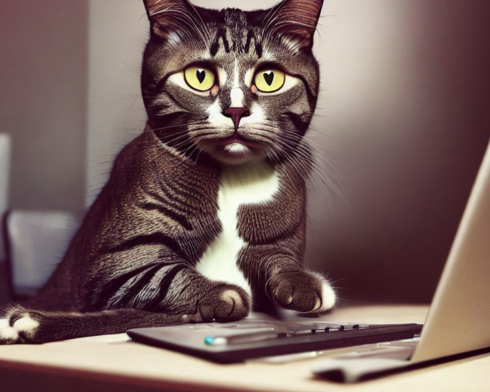 Tabby Cat with Yellow Eyes Sitting Behind Laptop and Keyboard