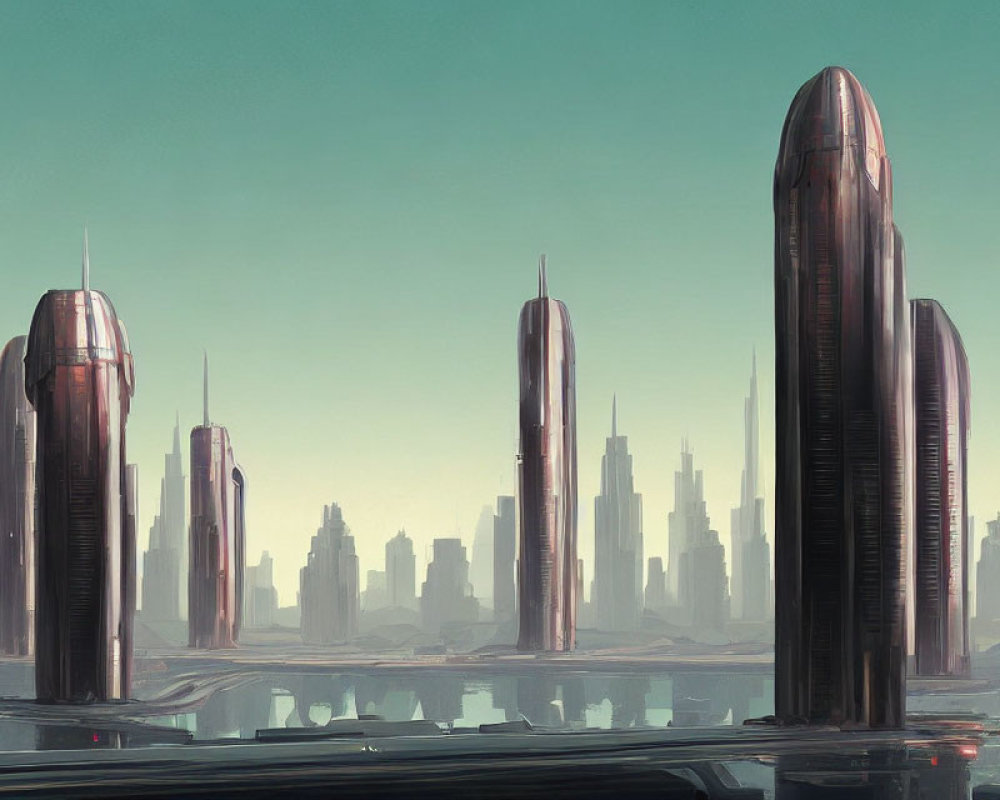 Futuristic cityscape with tall skyscrapers under hazy sky