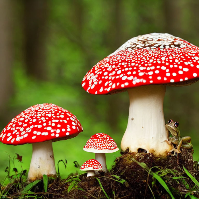 Vibrant red mushrooms with white spots in forest setting with green frog