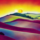 Colorful Rolling Hills Landscape Under Gradient Sunset Sky