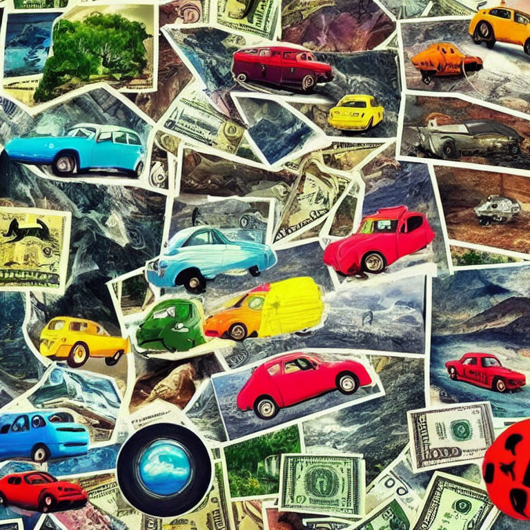 Vintage Cars Collage Featuring Money, Landscapes, and Abstract Textures