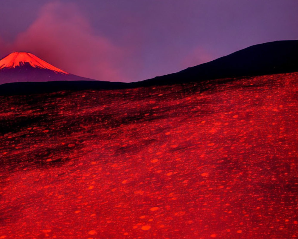 Red landscape with purple sky, snow-capped volcano, and full moon.