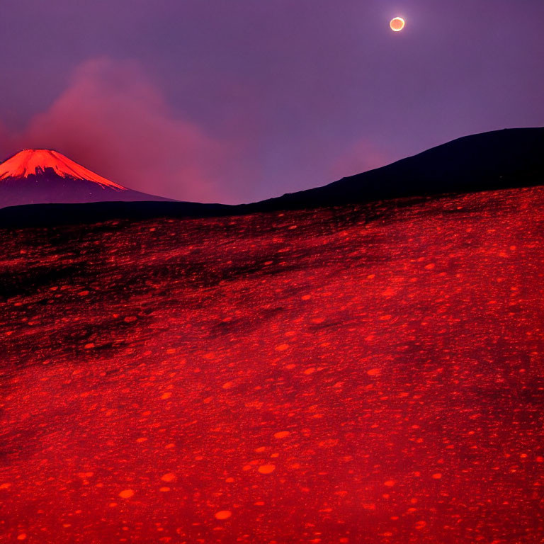 Red landscape with purple sky, snow-capped volcano, and full moon.