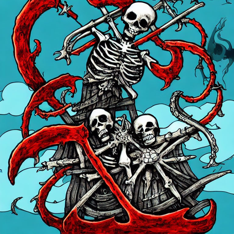 Illustrated pirate ship with skeletal figures and red tentacles on blue sky.