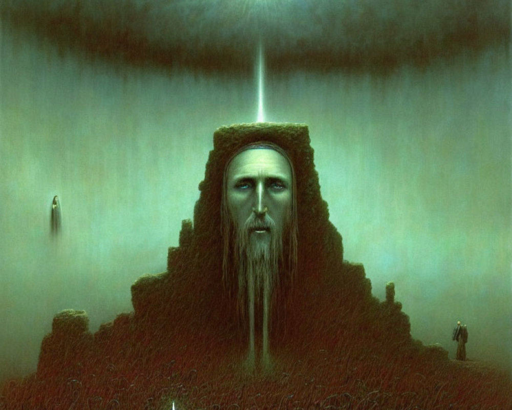 Surreal painting: Giant bearded face in landscape under greenish sky