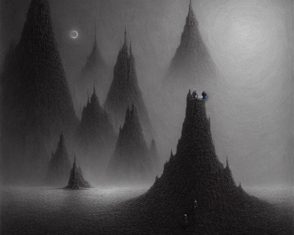 Moonlit monochrome landscape with cone-shaped peaks and figures depicting isolation