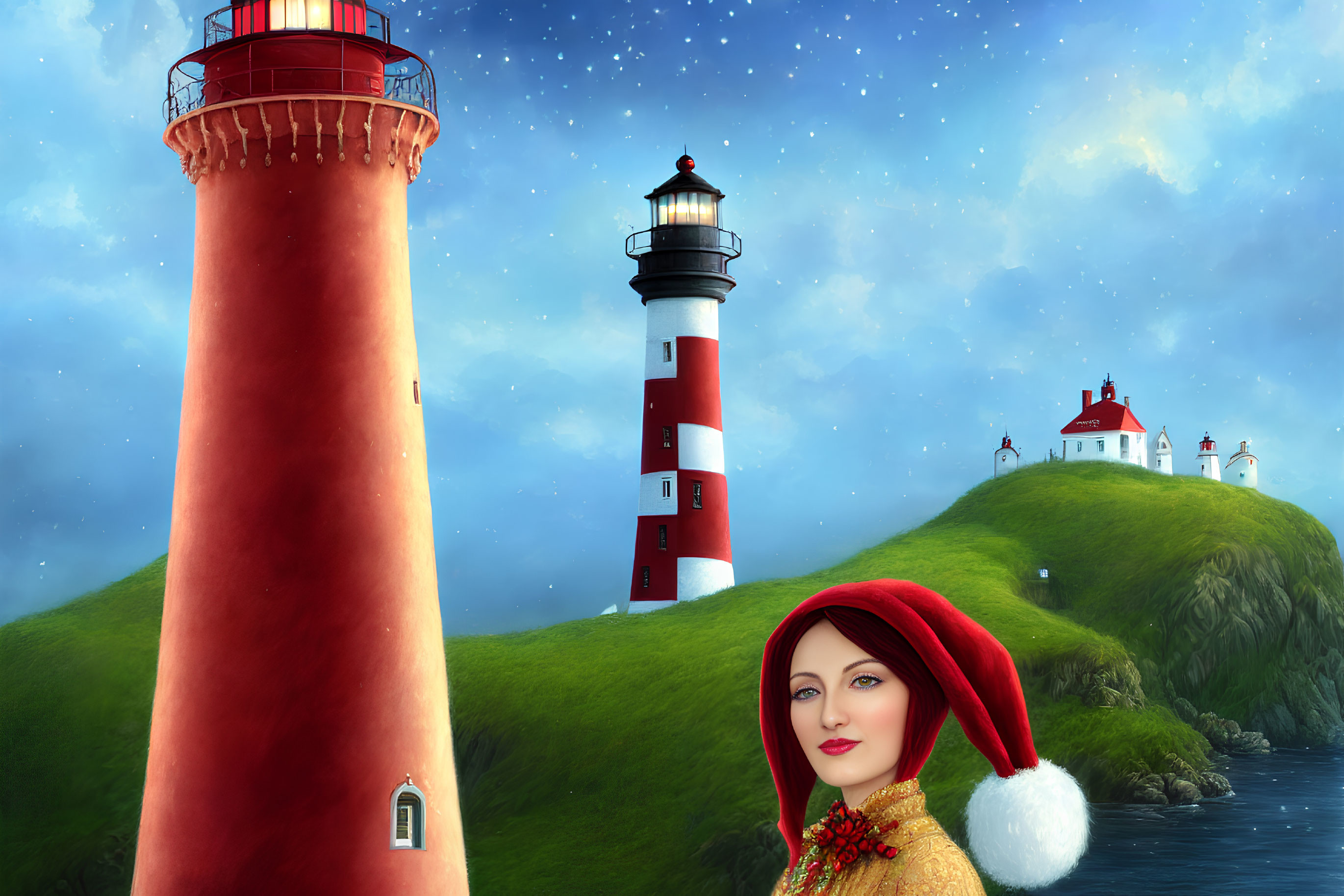 Digital artwork of woman in red beret by two lighthouses on green isles under starry
