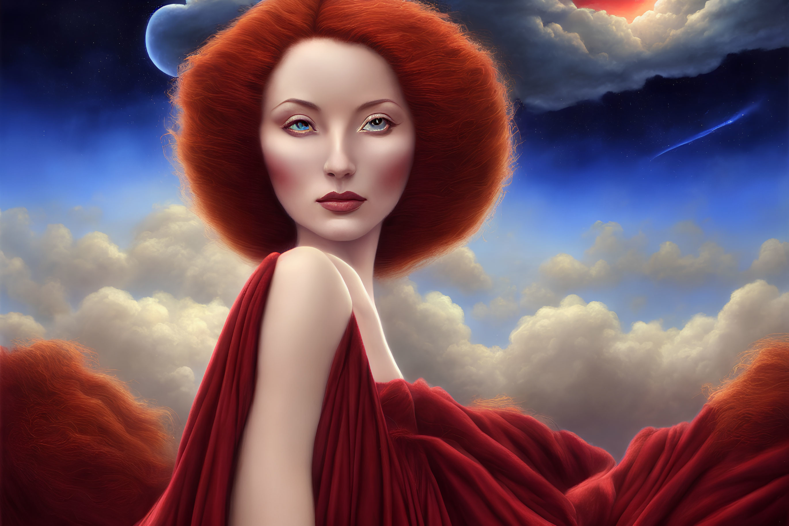 Digital artwork features woman with red hair and cloak under vibrant sky with comet.