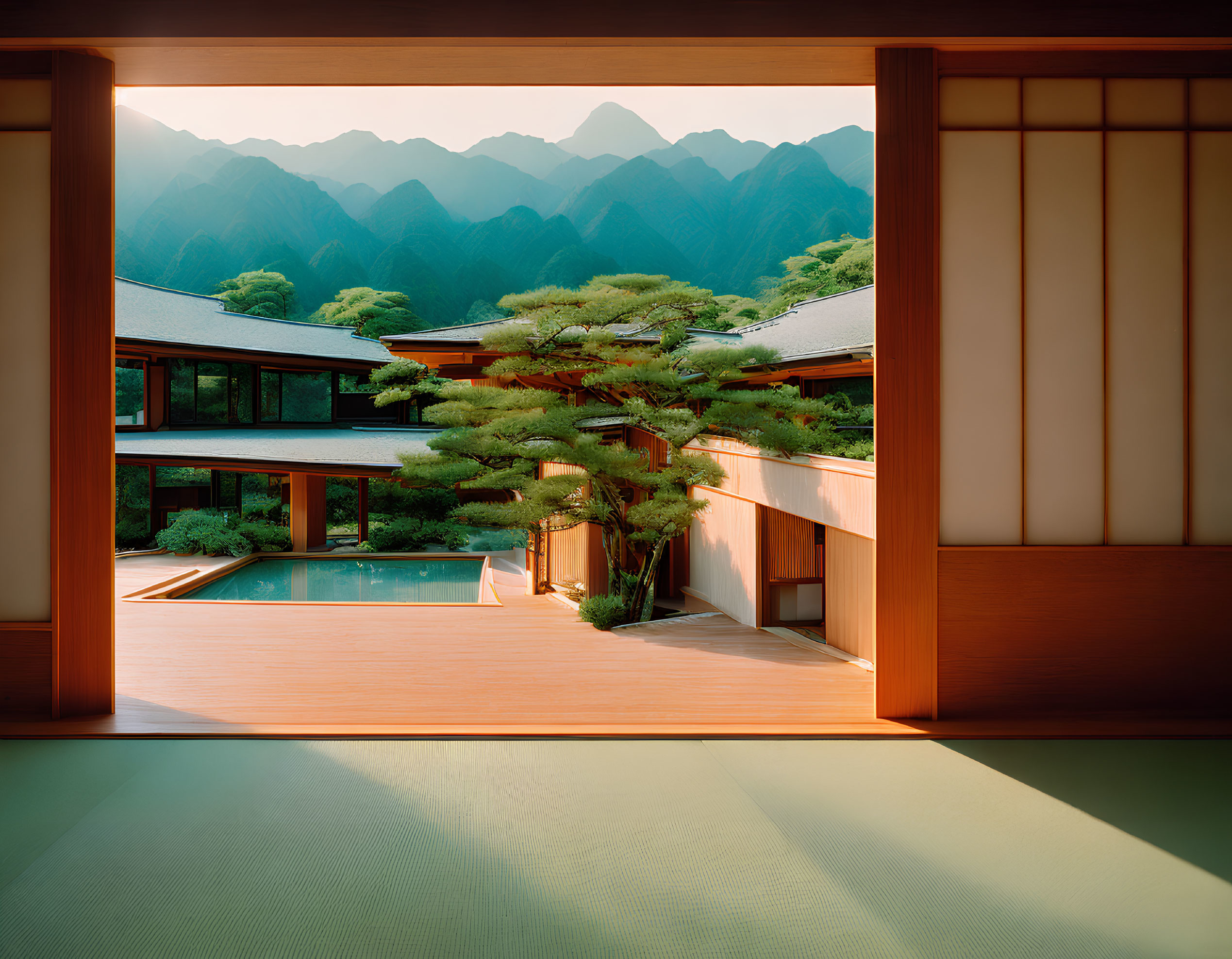 Japanese Architecture: Sliding Doors, Garden, Pool, Mountain Sunset
