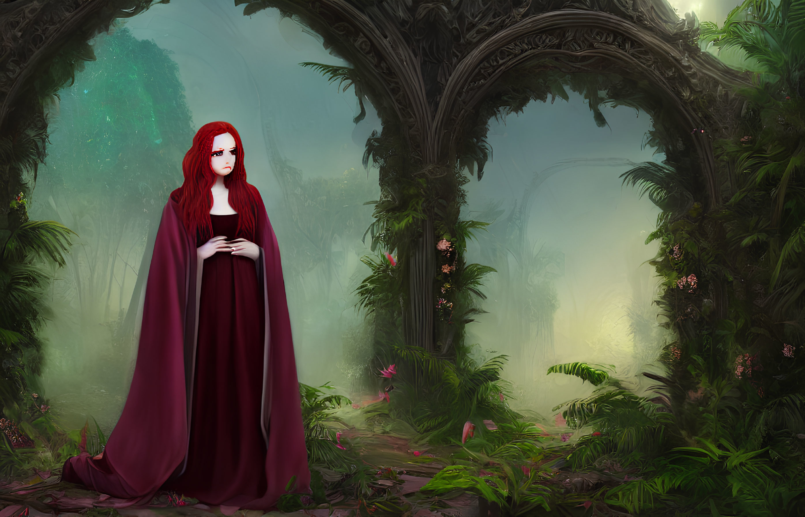 Red-haired woman in burgundy cloak in misty garden with archways.