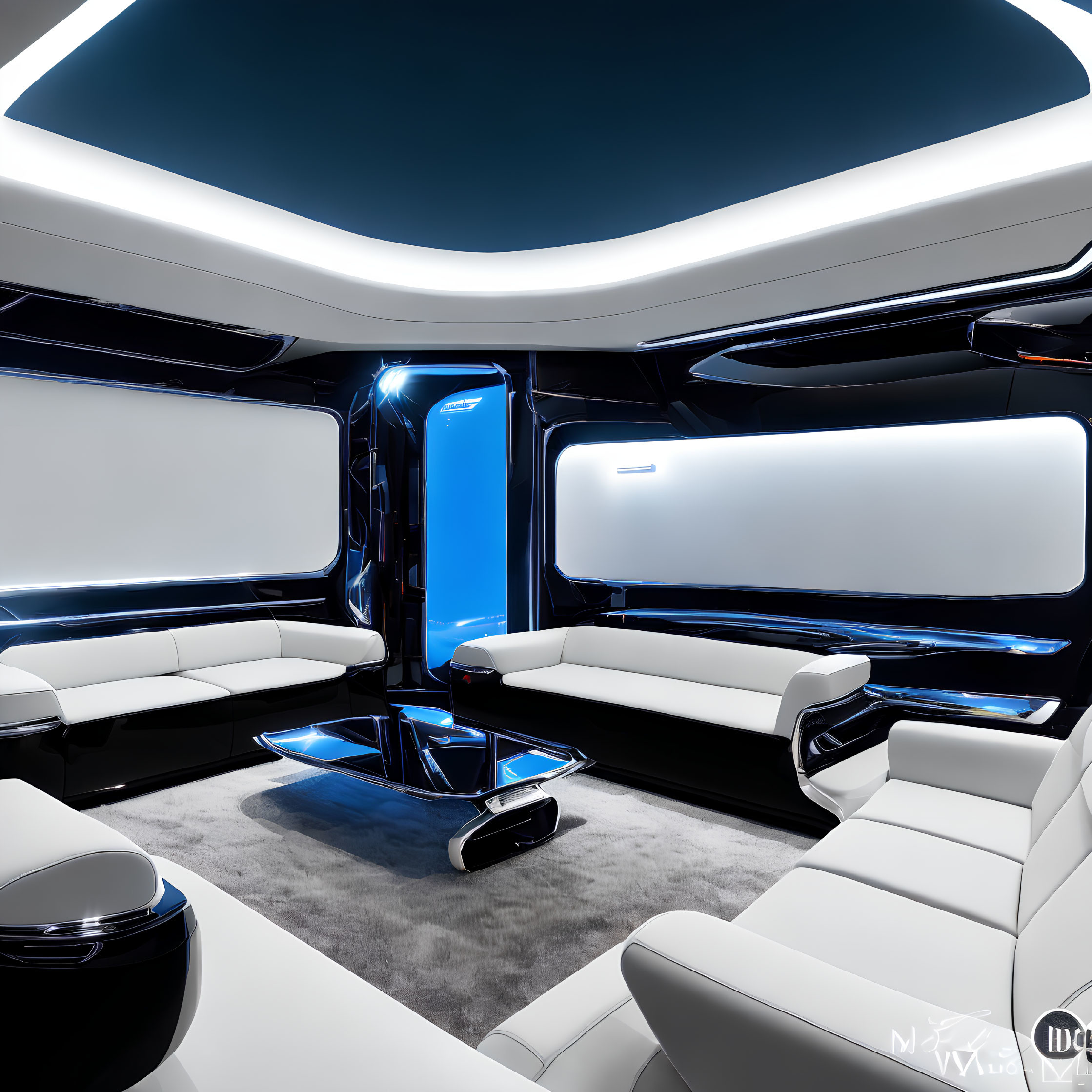 Futuristic Vehicle Interior: White Leather, Black Surfaces, Blue Lighting