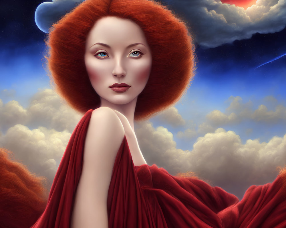 Digital artwork features woman with red hair and cloak under vibrant sky with comet.