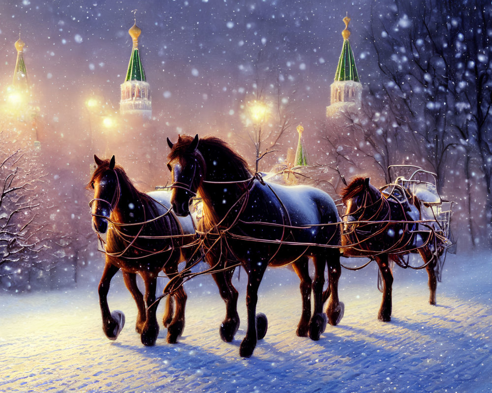 Snowy evening scene with horse-drawn sleigh and glowing lanterns