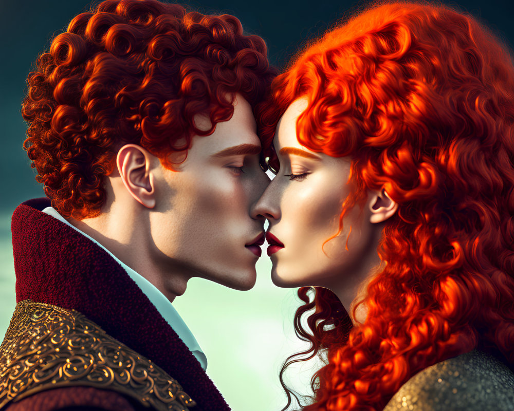 Intimate moment captured: Two individuals with vibrant red curly hair in close embrace.