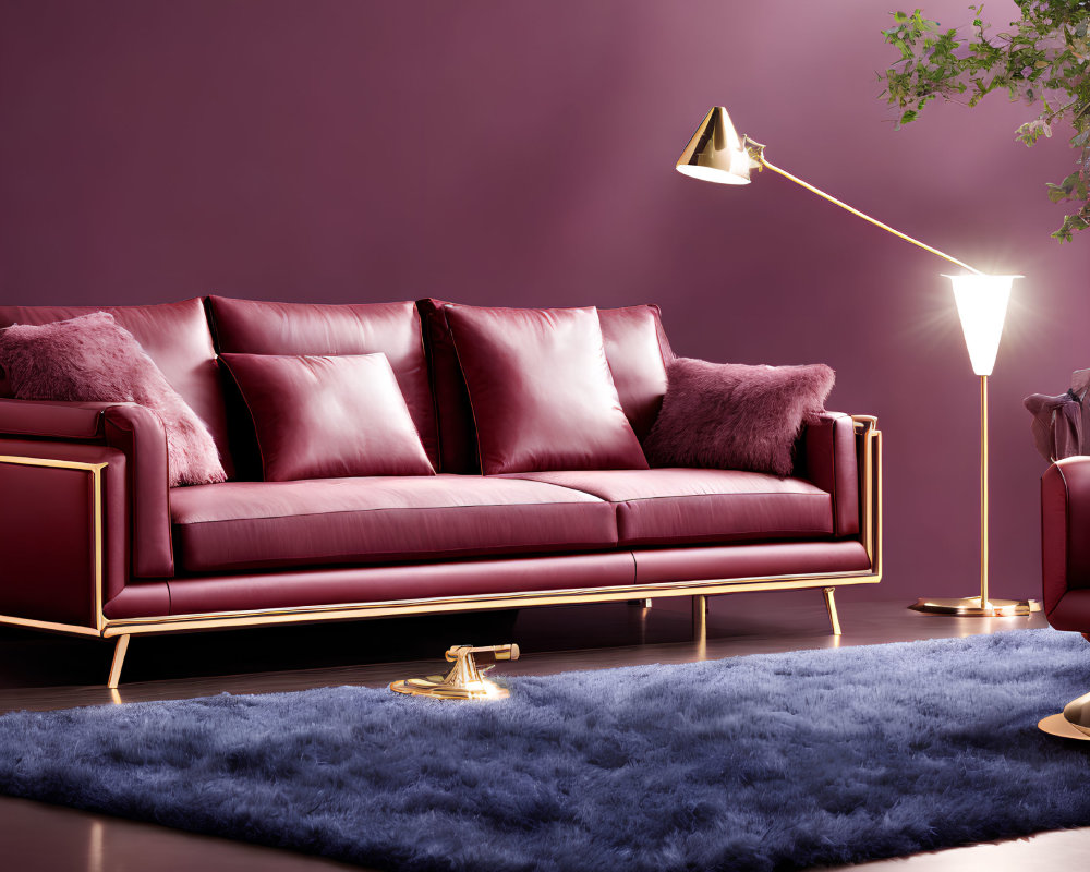 Luxurious Burgundy Sofa with Gold Accents in Elegant Living Room