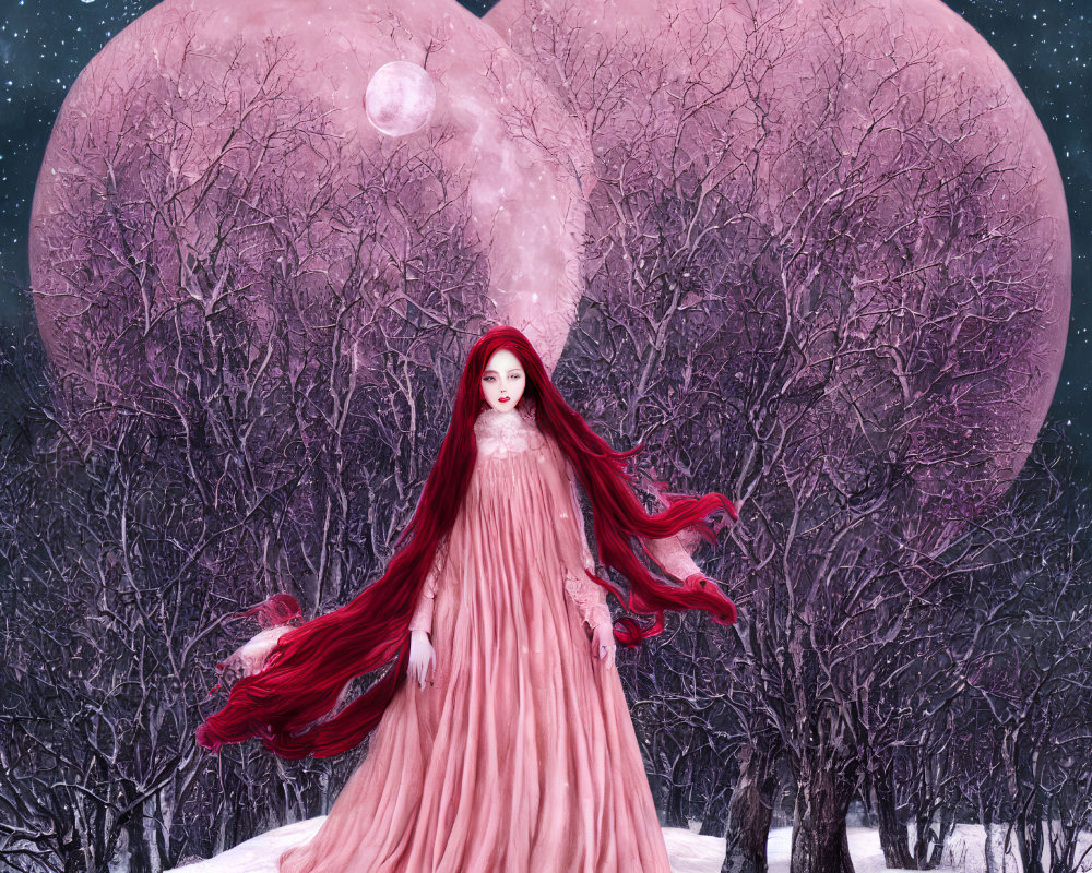 Red-haired woman in pink dress in snowy landscape with moons and trees