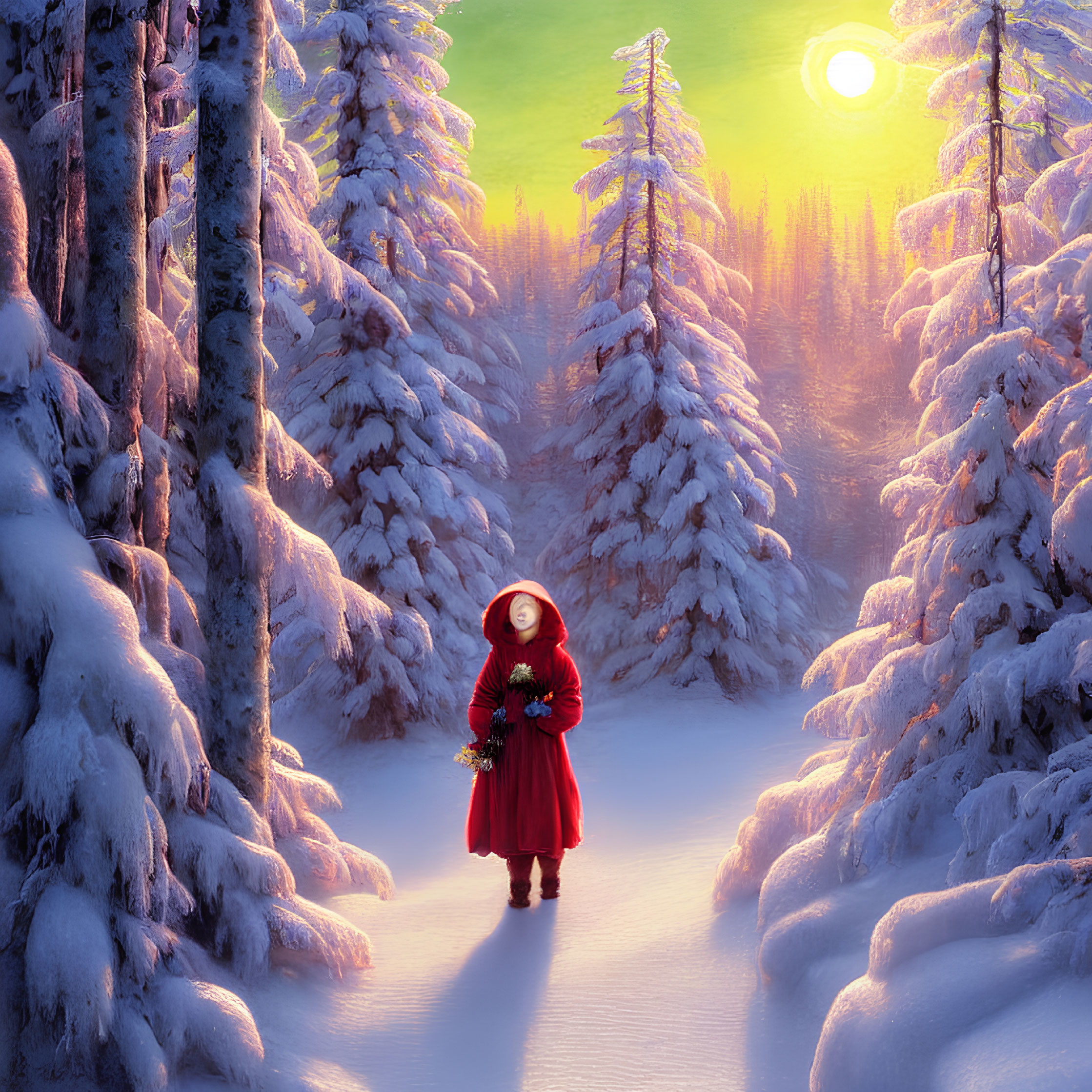 Person in Red Cloak Standing Among Snow-Laden Trees in Serene Winter Landscape