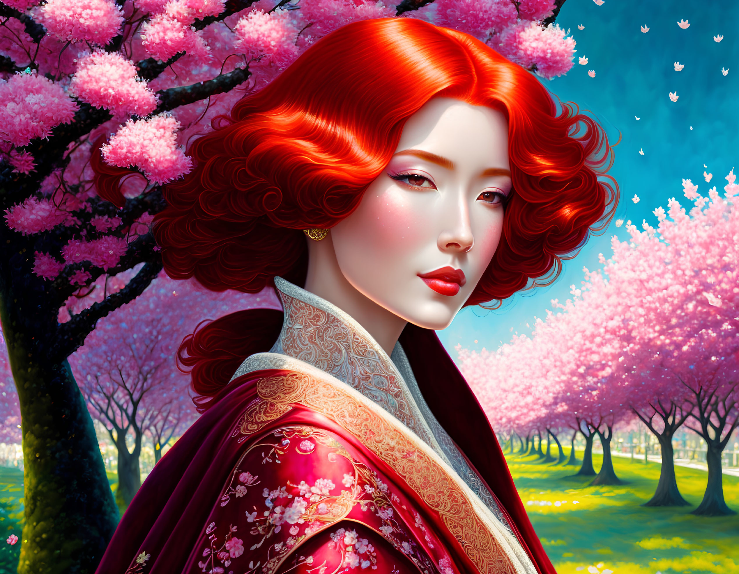Digital artwork: Woman with red hair in Asian attire among cherry blossoms
