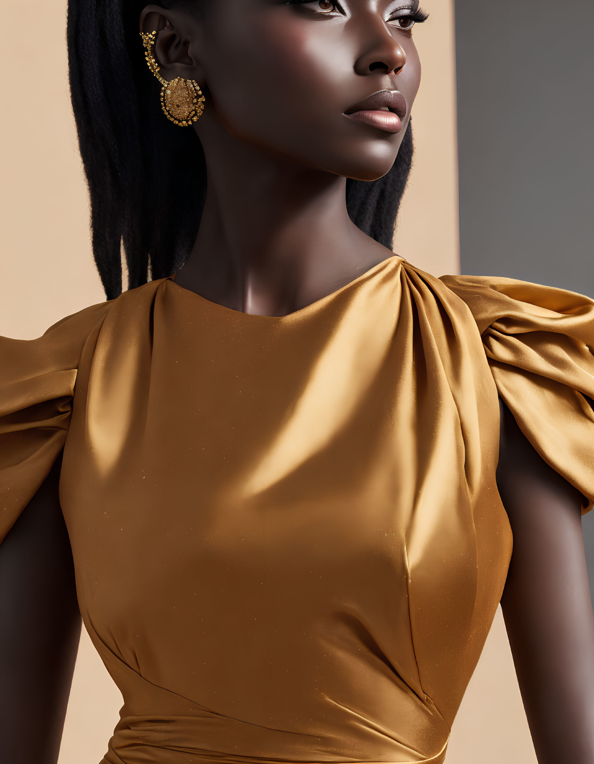 Dark-skinned woman in gold dress with statement earrings and sleek hair.