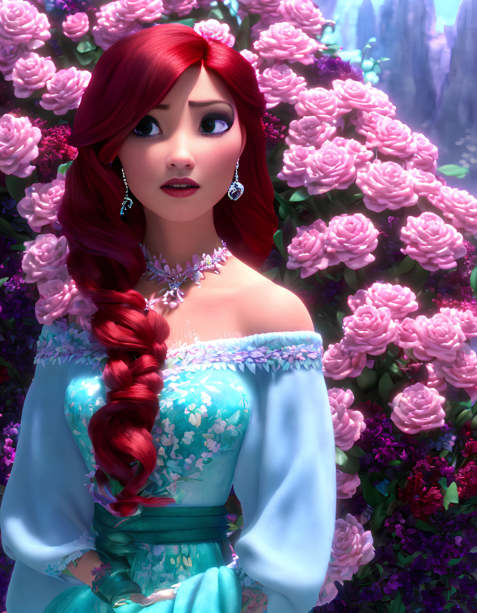 Red Braided Hair Female Character in Turquoise Dress with Silver Jewelry and Pink Roses