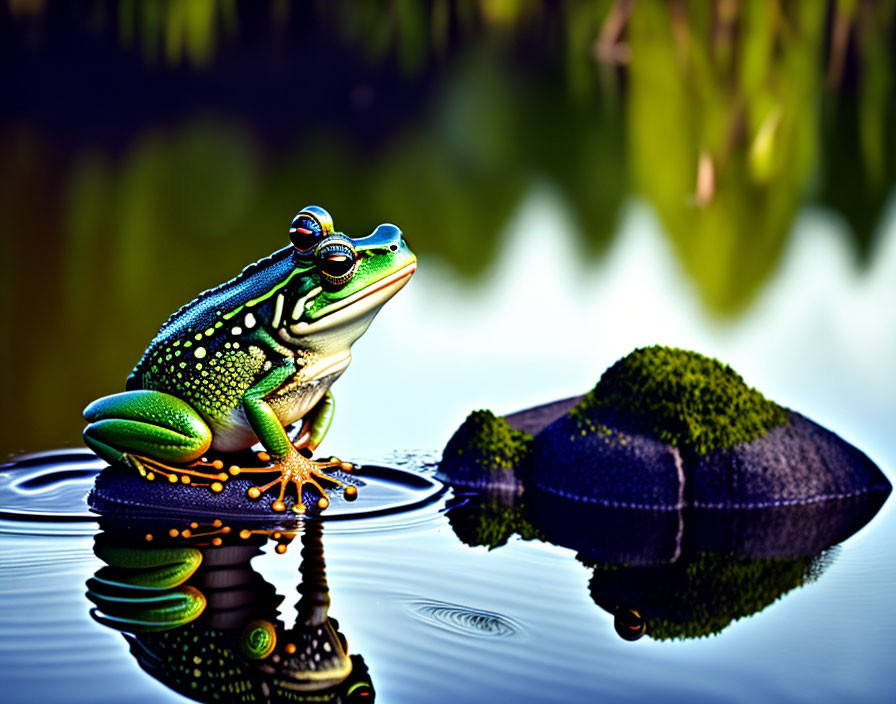 Colorful Frog Resting on Reflective Water Surface