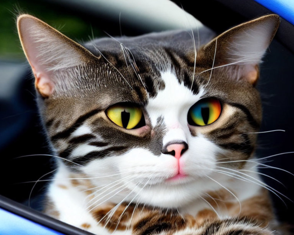 Tabby cat with green-yellow eyes in blue car window, pink nose.