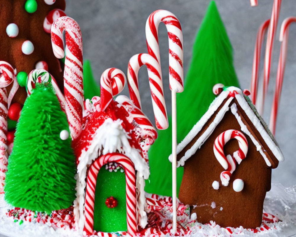 Festive gingerbread house with candy cane decorations and snowy trees