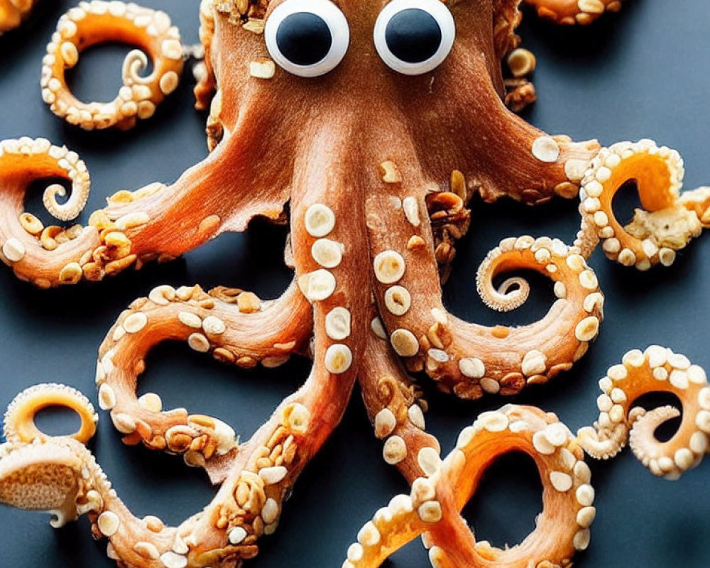 Cooked octopus with cartoon googly eyes on dark surface