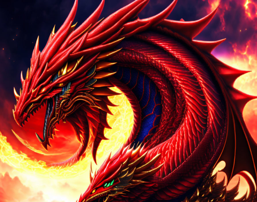 Majestic red dragon with golden eyes in fiery sky