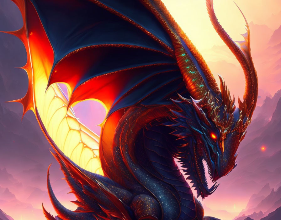 Majestic blue dragon with orange wings in sunset sky