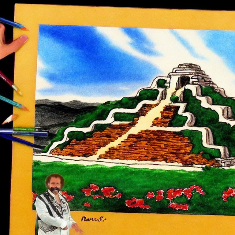 Hand-drawn Mesoamerican pyramid with blue sky, greenery, and smiling man cutout
