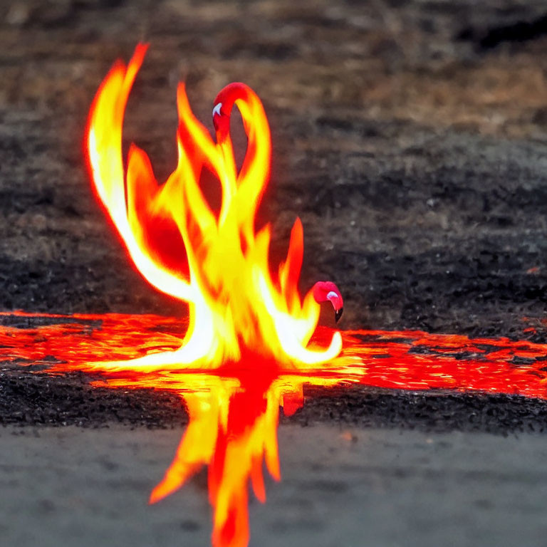 Molten lava flow with vivid flames resembling a fiery phoenix