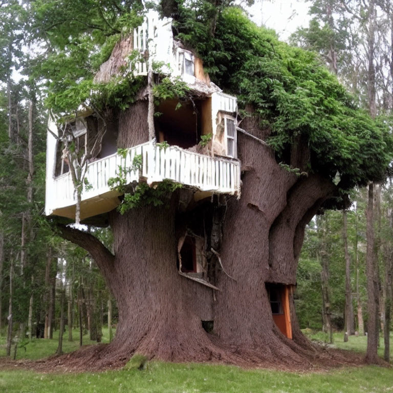 Multi-level whimsical treehouse with white railings around large tree trunk in green forest