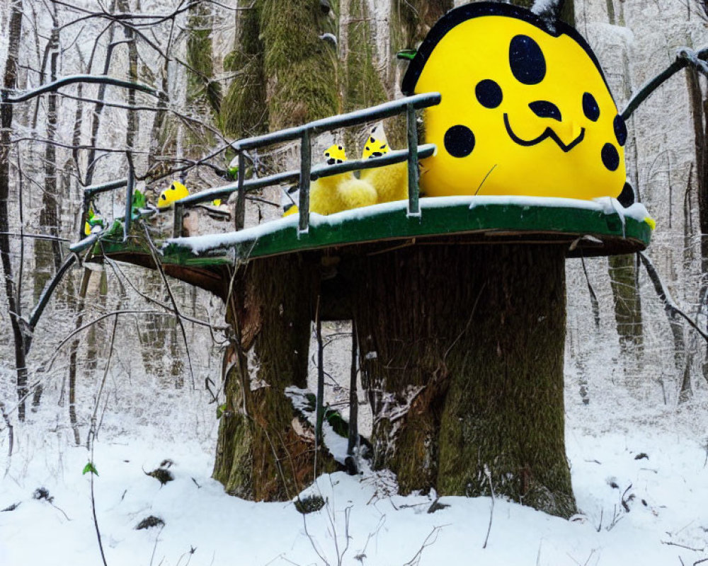 Yellow smiley face treehouse in snowy forest with deck and ladder