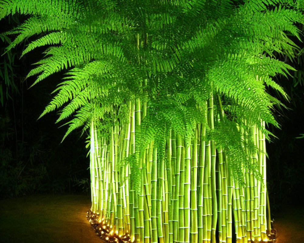 Bamboo stalks illuminated at night, creating dramatic contrast