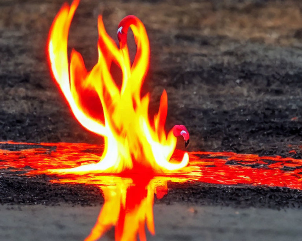 Molten lava flow with vivid flames resembling a fiery phoenix
