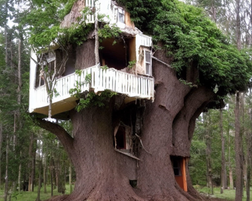 Multi-level whimsical treehouse with white railings around large tree trunk in green forest
