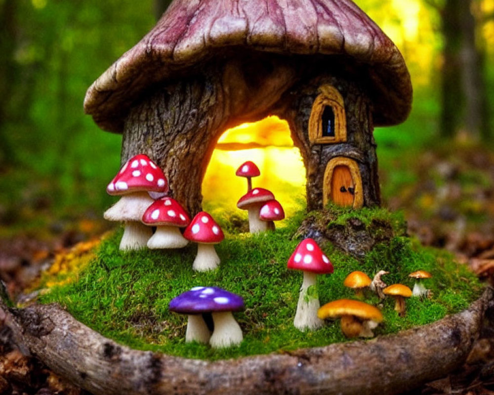 Miniature Mushroom House with Glowing Interior Surrounded by Colorful Toadstools