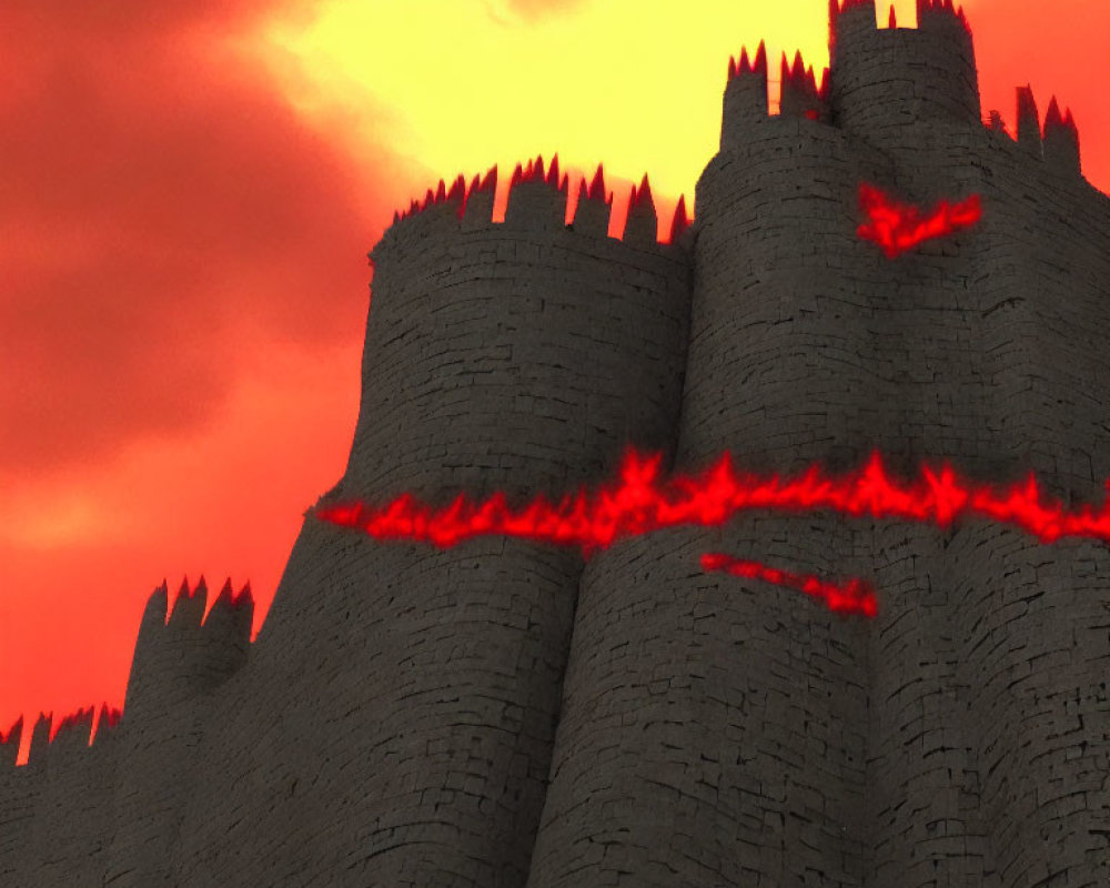 Digital Illustration: Gray Stone Castle under Fiery Red Sky
