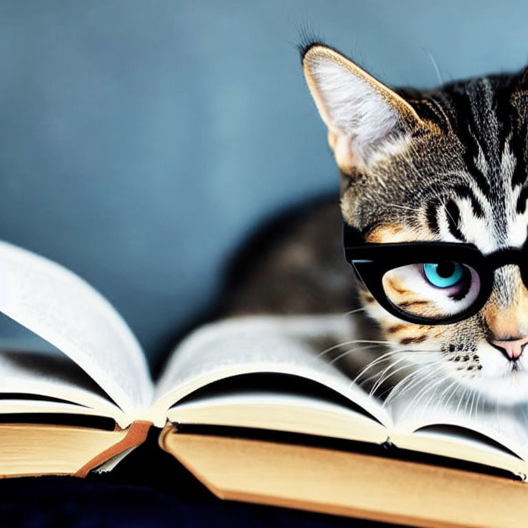 Turquoise-eyed cat looking over open book in close-up shot