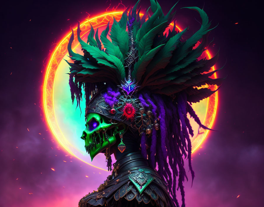 Skull with ornate headdress and feathers in fiery eclipse backdrop