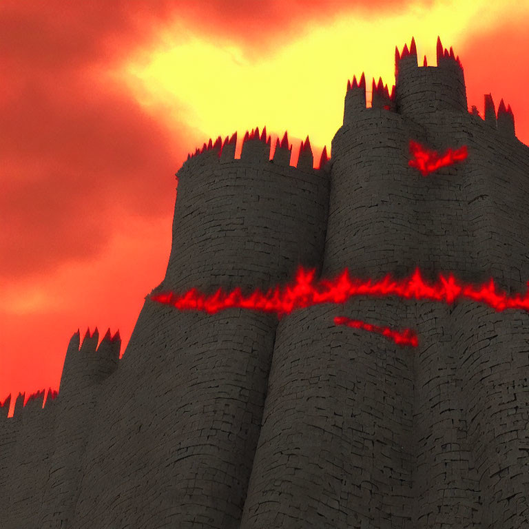Digital Illustration: Gray Stone Castle under Fiery Red Sky
