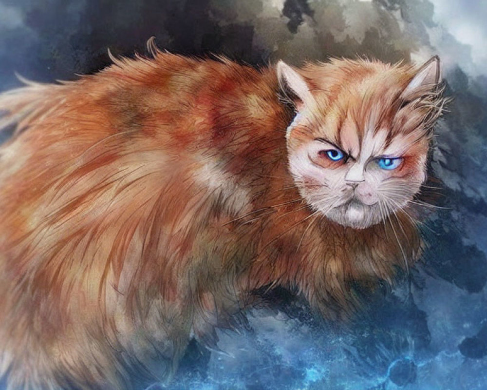 Fluffy Orange Cat with Blue Eyes Scowling on Misty Blue Background