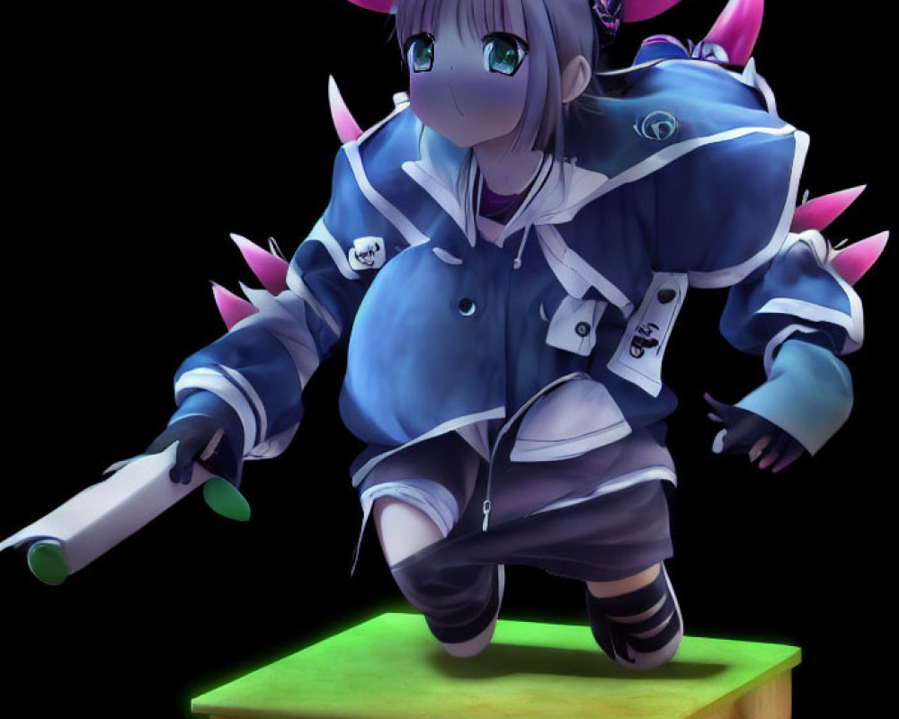 Cartoon-Style Character with Pink Horns and Blue Hair on Green Platform